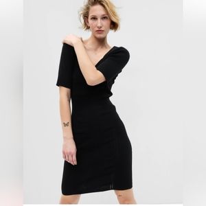 Black Puff sleeve heart shape neckline rib knit midi dress size medium tall